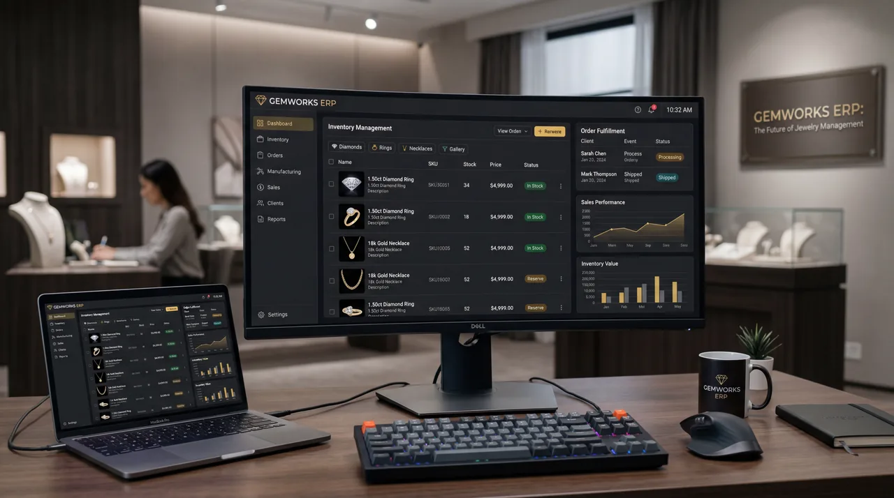 JewelSolve ERP jewelry management dashboard — woman using computer in office
